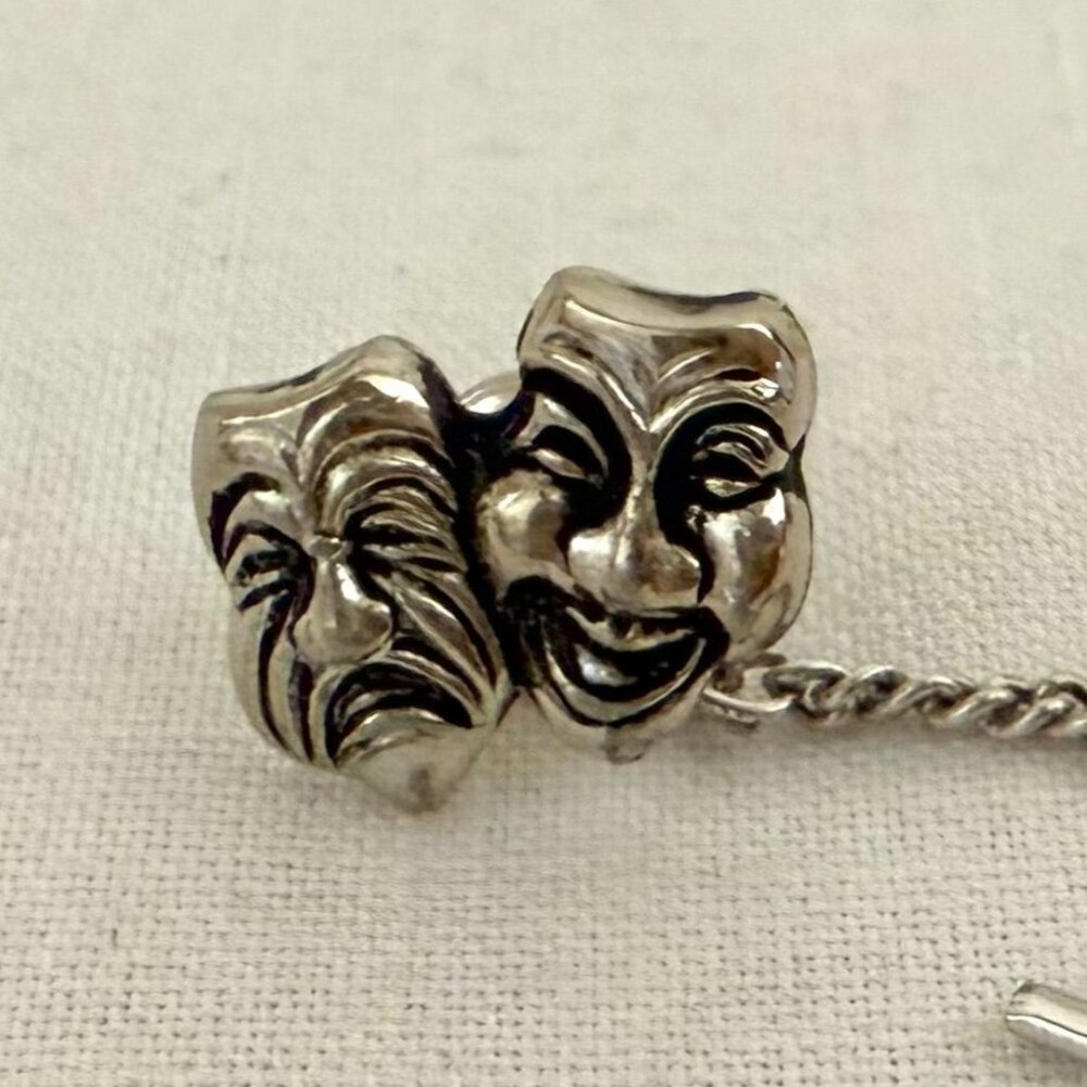 Vintage Theater Masks Tie Tack Pin .75in Silver Tone Drama Chain Toggle Bar - Picture 3 of 10
